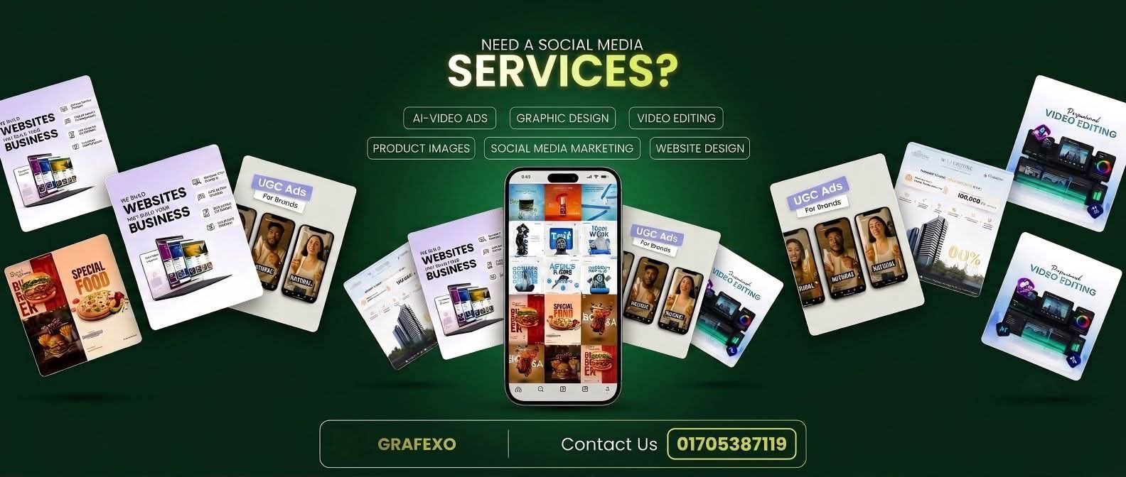 Grafexo services — AI video ads, graphic design, video editing, product images, social media marketing, website design