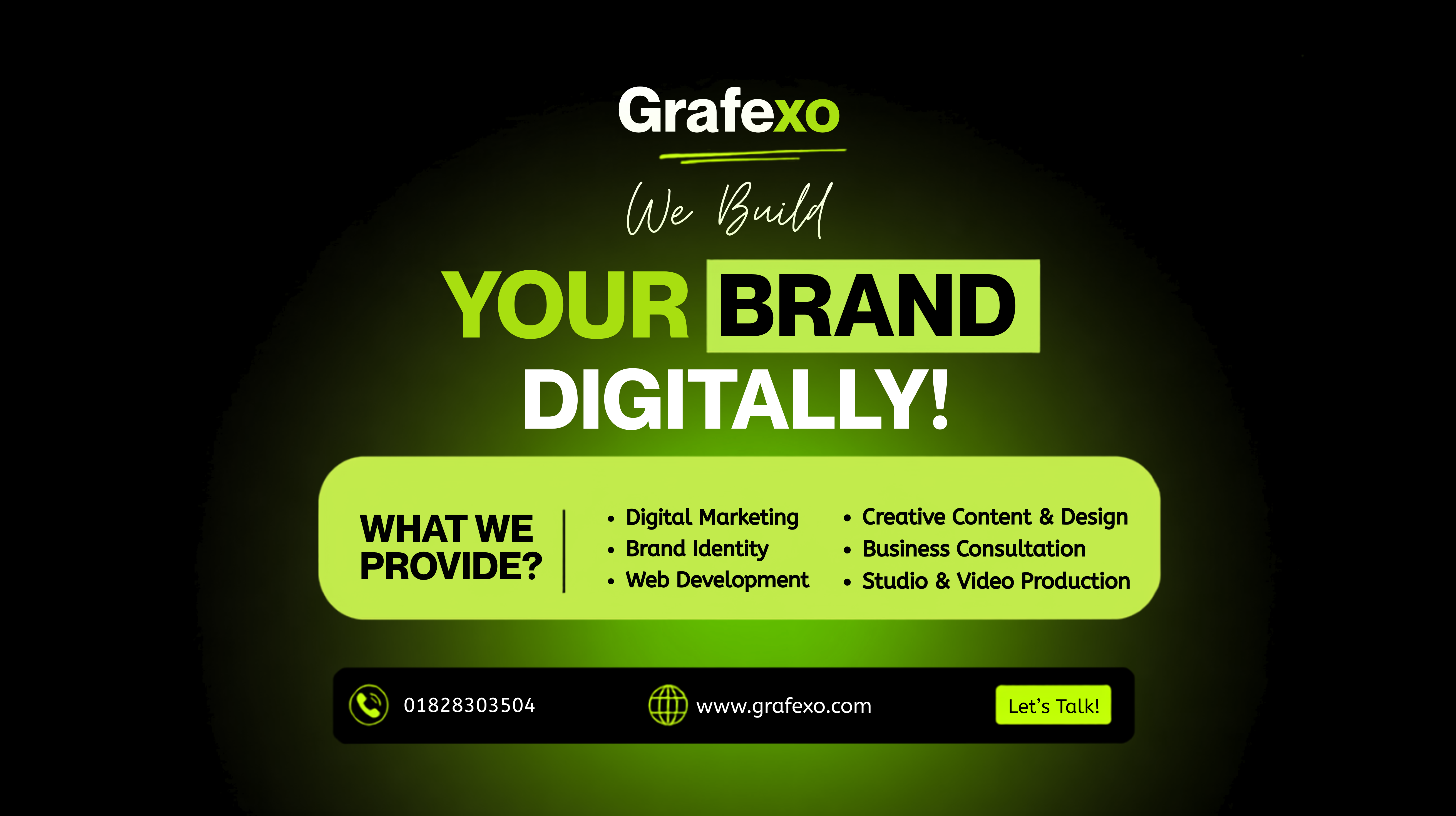 Grafexo services — AI video ads, graphic design, video editing, product images, social media marketing, website design